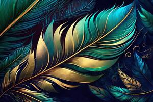 Abstract background with feather pattern, gradients and texture, digital painting in blue, green and gold, red, teal, orange colors, created with photo