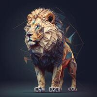 generativo ai ilustración de creativo de león hecho de vistoso geométrico formas en antecedentes. líder, coraje, fuerte y corajudo, majestuoso león foto