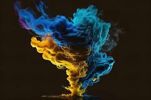 a colorful smoke cloud is shown in this image, it looks like it is floating in the air and is very dark and blue and yellow, with a black background. photo