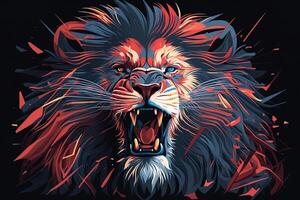 póster de león rugido, resumen póster de un peligroso y poderoso rugido masculino león. generativo ai. creativo fuego llamas Arte pintar viniendo desde el enojado Rey de el selva. foto