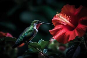 majestuoso colibrí hermosa fotografía de un colibrí alimentación en hibisco flor. ai generado foto