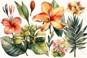 Illustration of tropical plants and flowers in watercolor technology. photo