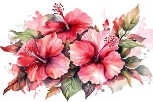 ramo de flores de hermosa hibisco flores en un blanco antecedentes acuarela ilustración saludo tarjeta. ai generado foto