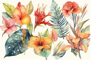 Set of tropical exotic bouquets with hibiscus flowers butterfly tree flowers bird in paradise and banana leaves monstera and palm leaves hand drawn watercolor illustration hawaiian mood. photo