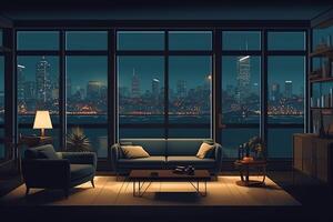 Living room night city view out of glass windows modern design apartment interior with furniture. photo