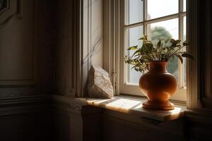 A marble shelf with a vase and a plant on it in the corner of a room with sunlight coming through the window and a window. photo