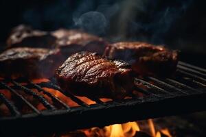 Barbecue party juicy grilled meat grilling steak on a fire grill. AI Generated photo