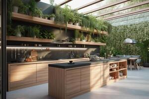 moderno jardín terraza cocina interior. ai generado foto