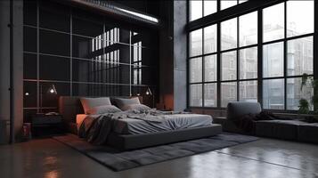 oscuro colgar Pro habitación con tremendo ventanas lujo estudio nivel en un colgar moho. creativo recurso, ai generado foto