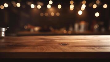 limpiar de madera mesa golpear con fuera de centrar luces bokeh común casa de Campo cocina establecimiento. creativo recurso, ai generado foto