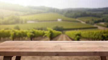 A French vineyard serves as the clouded establishment for an cleanse wooden table. Creative resource, photo