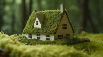 A paper private settled on a bed of greenery in a make, showing an eco-friendly house. Creative resource, photo