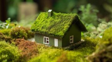 A paper private settled on a bed of greenery in a make, showing an eco-friendly house. Creative resource, photo