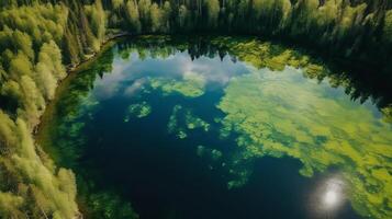 aerotransportado ver de azul agua lago y verde verano bosque en Finlandia. creativo recurso, ai generado foto