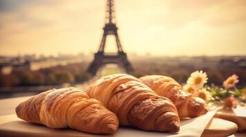 encantador francés croissants en nostálgico establecimiento de eiffel torre, París. creativo recurso, ai generado foto