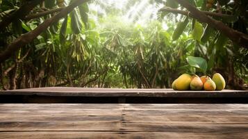 limpiar de madera mesa específico de hora como de tarde mango árbol establecimiento. creativo recurso, ai generado foto