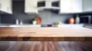 Cleanse wooden tabletop with clouded kitchen establishment. Creative resource, photo