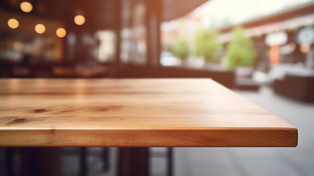 Cleanse wooden table beat with cloud burger joint establishment. Creative resource, photo