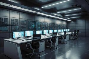 Empty interior of big modern security system control room workstation with multiple displays monitoring room with at security data center empty office desk and chairs. photo