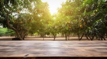 limpiar de madera mesa específico de hora como de tarde mango árbol establecimiento. creativo recurso, ai generado foto