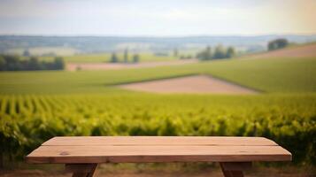 A French vineyard serves as the clouded establishment for an cleanse wooden table. Creative resource, photo