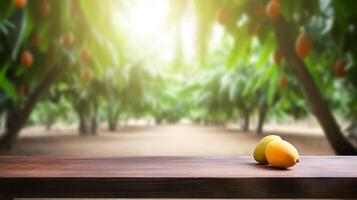 limpiar de madera mesa específico de hora como de tarde mango árbol establecimiento. creativo recurso, ai generado foto