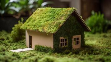 A paper private settled on a bed of greenery in a make, appearing an eco-friendly house. Creative resource, photo