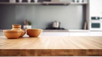 Cleanse wooden tabletop with clouded kitchen foundation. Creative resource, photo