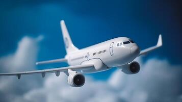 cerca de blanco avión gráfico con nubes en azul establecimiento. creativo recurso, ai generado foto