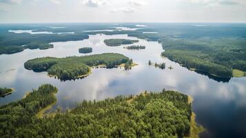 Airborne see of blue water lake and green summer woods in Finland. Creative resource, photo