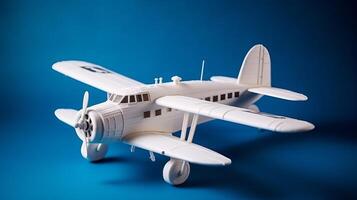 Near of white plane chart with clouds on blue foundation. Creative resource, photo