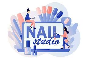 Nail studio - text on laptop screen. Manicurist service. Beauty salon concept. Manicure master and client. Different tools for manicure procedures. Modern flat cartoon style. Vector illustration