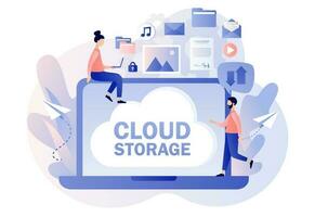 Cloud storage. Cloud computing services. Tiny people place data, music, photo, video in big cloud server. Data processing. Modern flat cartoon style. Vector illustration on white background