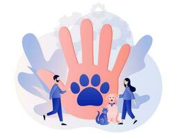 Animal rescue and pet protection. Hand and paw as symbol support and love pets. Animal shelter. Tiny people protection wildlife and rescue. Modern flat cartoon style. Vector illustration