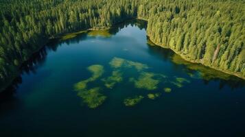 Airborne see of blue water lake and green summer woods in Finland. Creative resource, photo