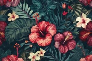 Tropical exotic seamless pattern with hibiscus flowers beautiful palm banana leaves handdrawn dark vintage 3d illustration glamorous abstract background art good luxury wallpapers cloth. photo