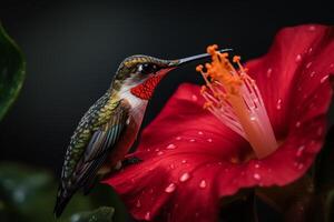 macro fotografía de un colibrí alimentación en un hibisco flor. ai generado foto