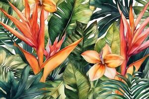 Tropical plants watercolor seamless pattern monstera strelitzia hibiscus flowers and jungle leaves background botanical texture fabric textile wallpaper. photo