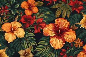 Tropical hawaiian pattern with hibiscus flowers and lush vegetation ideal exotic backgrounds. photo