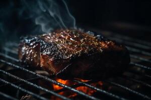 Bbq grilled brisket meat on grill grate with fire closeup view technology. photo