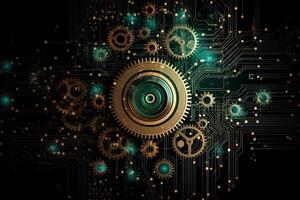 Gear wheel on circuit board illustration hitech engineering digital engineer concept web template business tech business team. photo