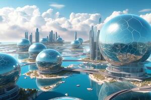 Aerial view of futuristic city metaverse sunny day parametric buildings image. photo