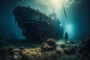 Scuba divers exploring a sunken shipwreck underwater mysteries high quality. photo