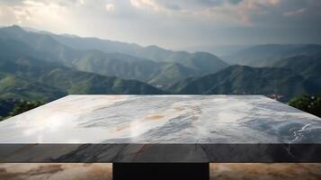 Marble surface table tabletop with mountain foundation for thing appear show. Creative resource, photo
