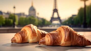 encantador francés croissants en nostálgico establecimiento de eiffel torre, París. creativo recurso, ai generado foto