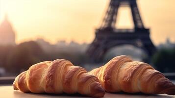 encantador francés croissants en nostálgico establecimiento de eiffel torre, París. creativo recurso, ai generado foto