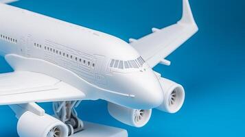 Near of white plane chart with clouds on blue foundation. Creative resource, photo