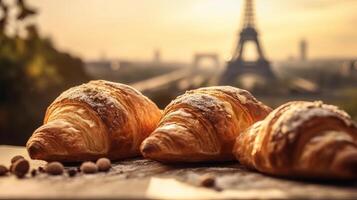 encantador francés croissants en nostálgico establecimiento de eiffel torre, París. creativo recurso, ai generado foto