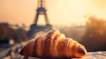 encantador francés croissants en nostálgico Fundación de eiffel torre, París. creativo recurso, ai generado foto
