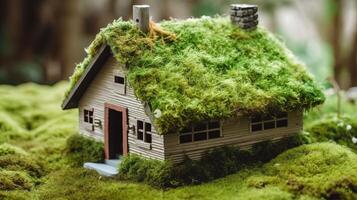 A paper private settled on a bed of greenery in a make, showing an eco-friendly house. Creative resource, photo